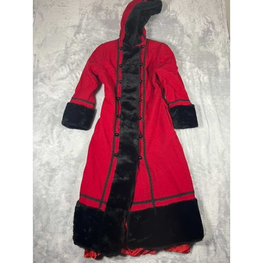 Victorian Style Vintage Sears Tolstoy Red Faux Black Fur Coat Button Size 10